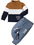 mksodopy Toddler Boy Clothes Color Block Sweater Jeans Toddler Boy Fall Winter Outifts Toddler Boy Clothing Set