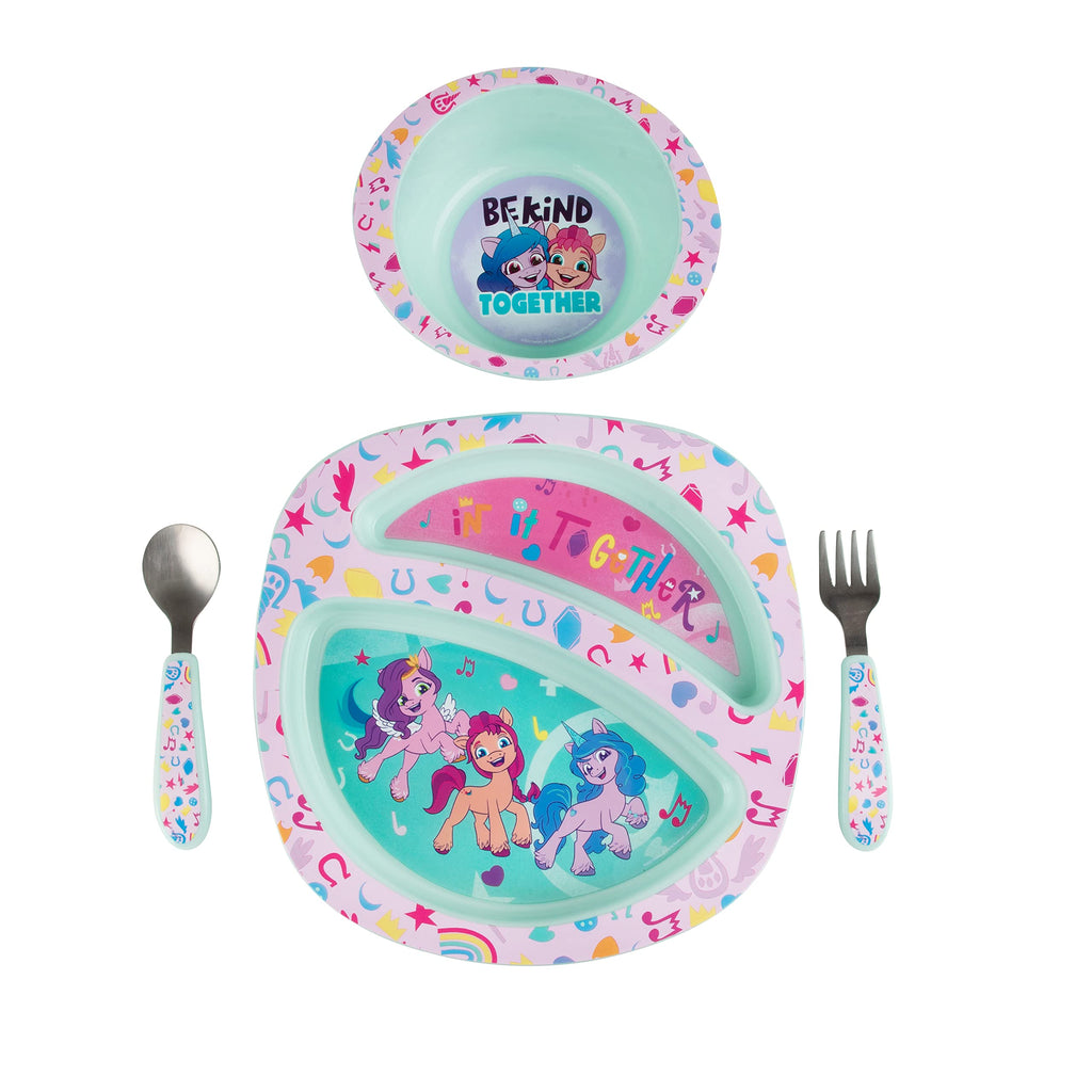 The First Years My Little Pony Mealtime Toddler Feeding Set - Includes Dishwasher Safe Toddler Plate Bowl Fork and Toddler Spoon - 4 Count
