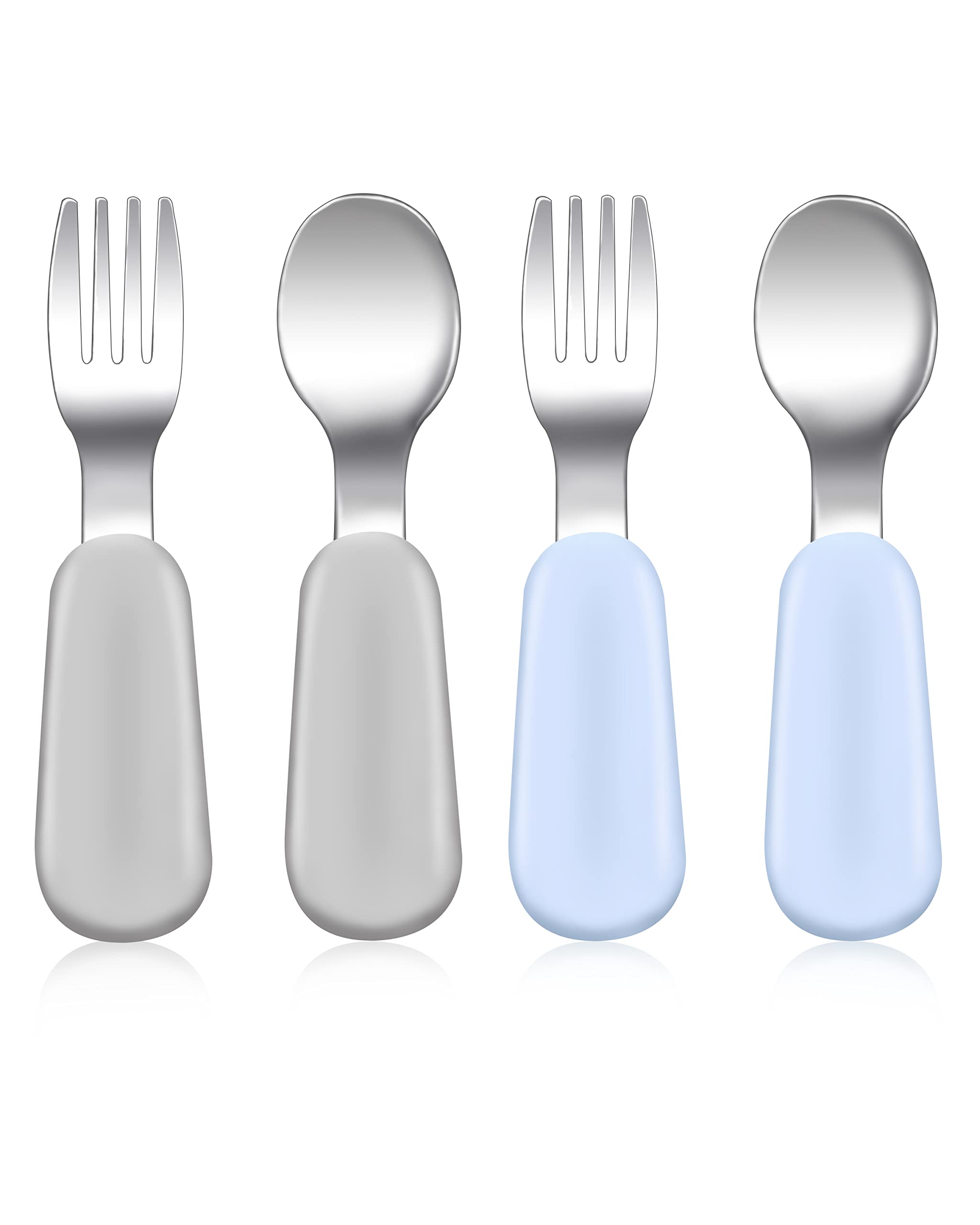 4 pcs Toddler Utensils Stainless Steel Toddler Silverware Set with Round Handle Baby Forks for Self Feeding 2 Toddler Forks and 2 Toddler Spoons BPA Free